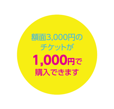 額面3,000円のチケットが1,000円で購入できます。